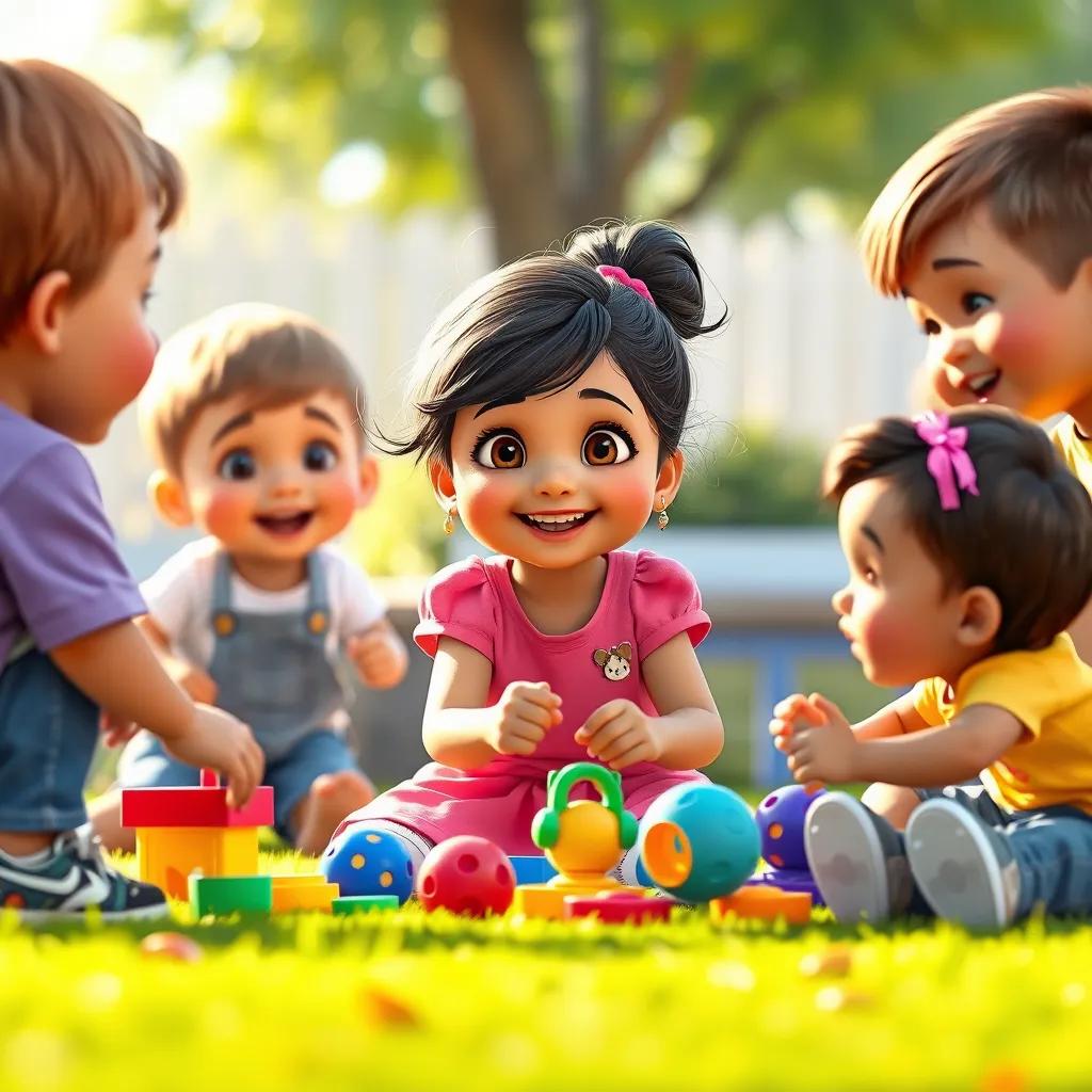 A young girl, Layla, joining other children in a game, all laughing and sharing toys, colorful outdoor scene, joyful, bright light, heartwarming interaction, high quality