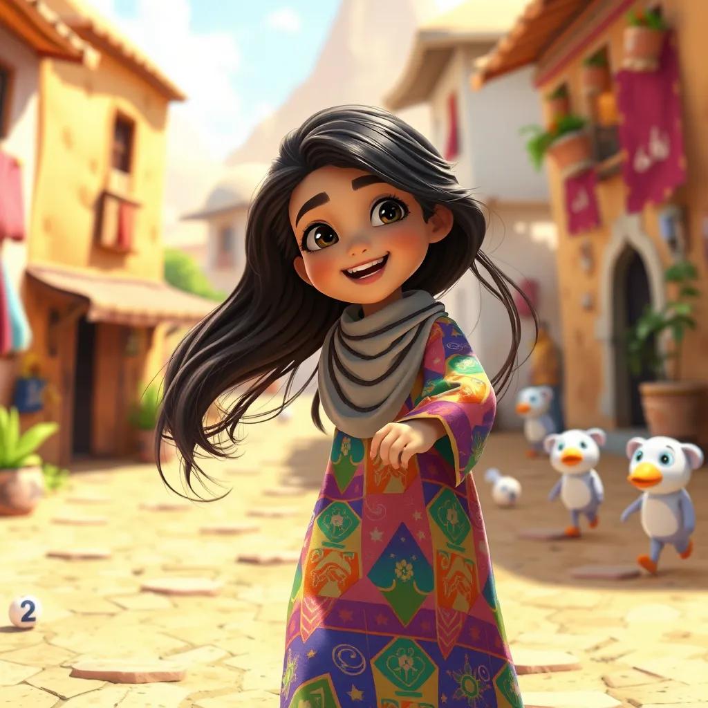 A young Arab girl, Lamaa, with long dark hair, wearing a colorful abaya, playing joyfully in a sunny village with numbers around her, digital art, bright colors, cheerful atmosphere, high quality