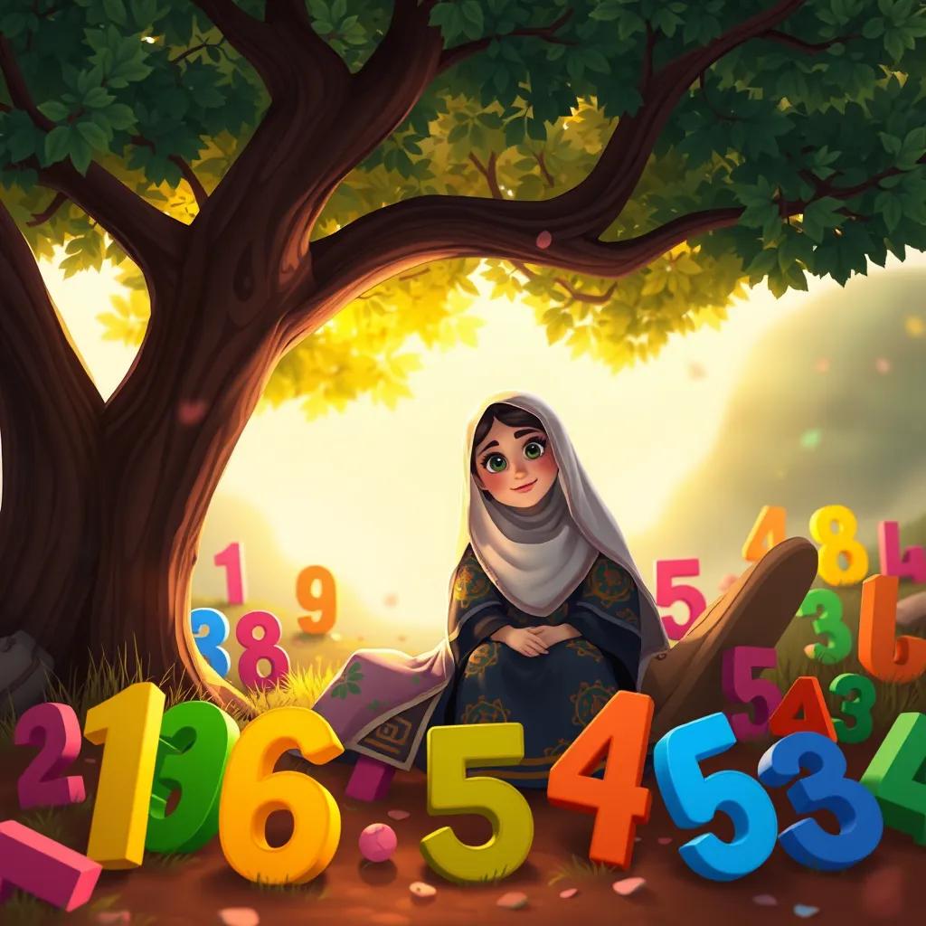 A young Arab girl, Lamaa, with long dark hair, wearing a colorful abaya, sitting under a tree with her friend Sarah, surrounded by colorful numbers, vibrant, fun, storytelling view, warm light