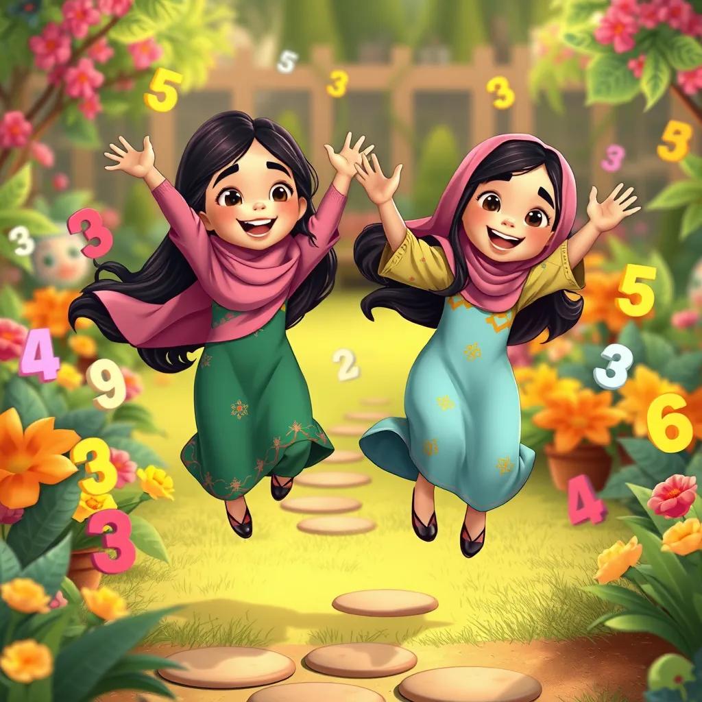 Lamaa and Sarah, both young Arab girls with long dark hair wearing colorful abayas, jumping joyfully in a garden, numbers dancing around them, colorful, lively scene, high quality, children's illustration