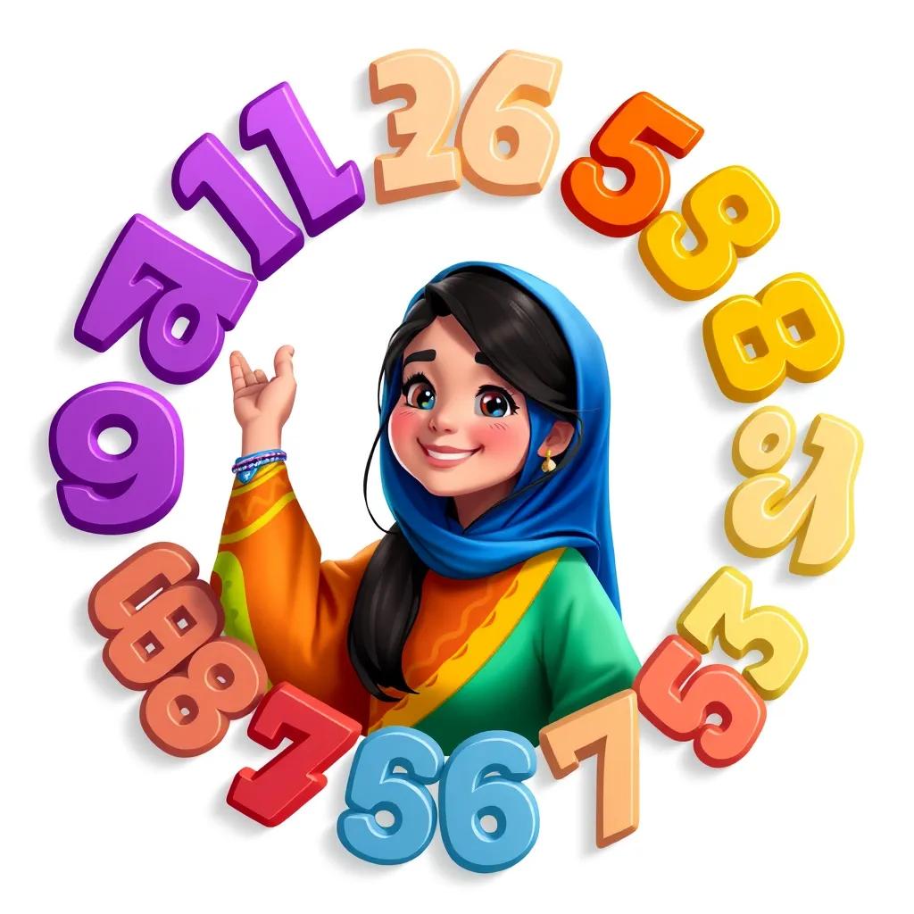 A group of prime numbers forming a circle around Lamaa, a young Arab girl with long dark hair in a colorful abaya, smiling with happiness, symbols of friendship and learning, digital painting, vibrant colors, uplifting imagery