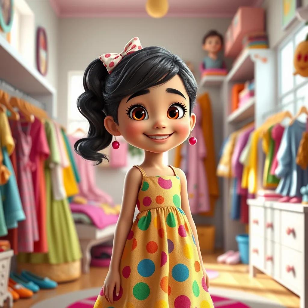 A beautiful and tidy girl named Layla, wearing a colorful dress and smiling, standing in a bright bedroom filled with colorful clothes and accessories, digital art, vibrant colors, cheerful atmosphere, high quality