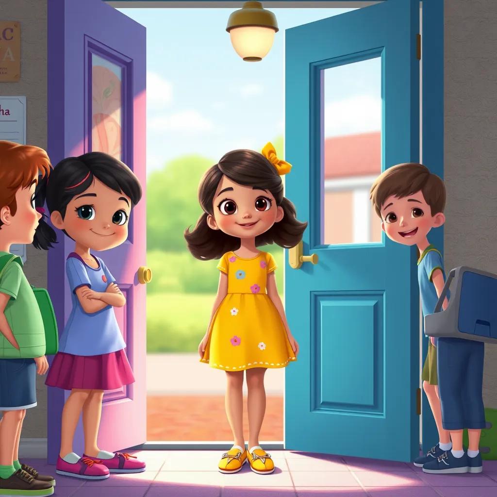 Layla, a beautiful girl, wearing a colorful dress, standing by the door with her friends waiting outside, happy and excited, illustration, lively, school theme, child-friendly