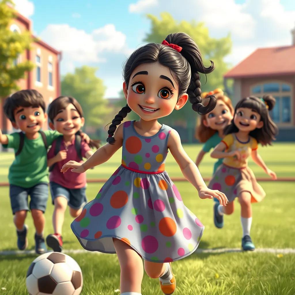 Layla, a beautiful girl in a colorful dress, playing soccer with her friends in the school playground, everyone smiling and having fun, digital painting, bright colors, joyful scene, high detail