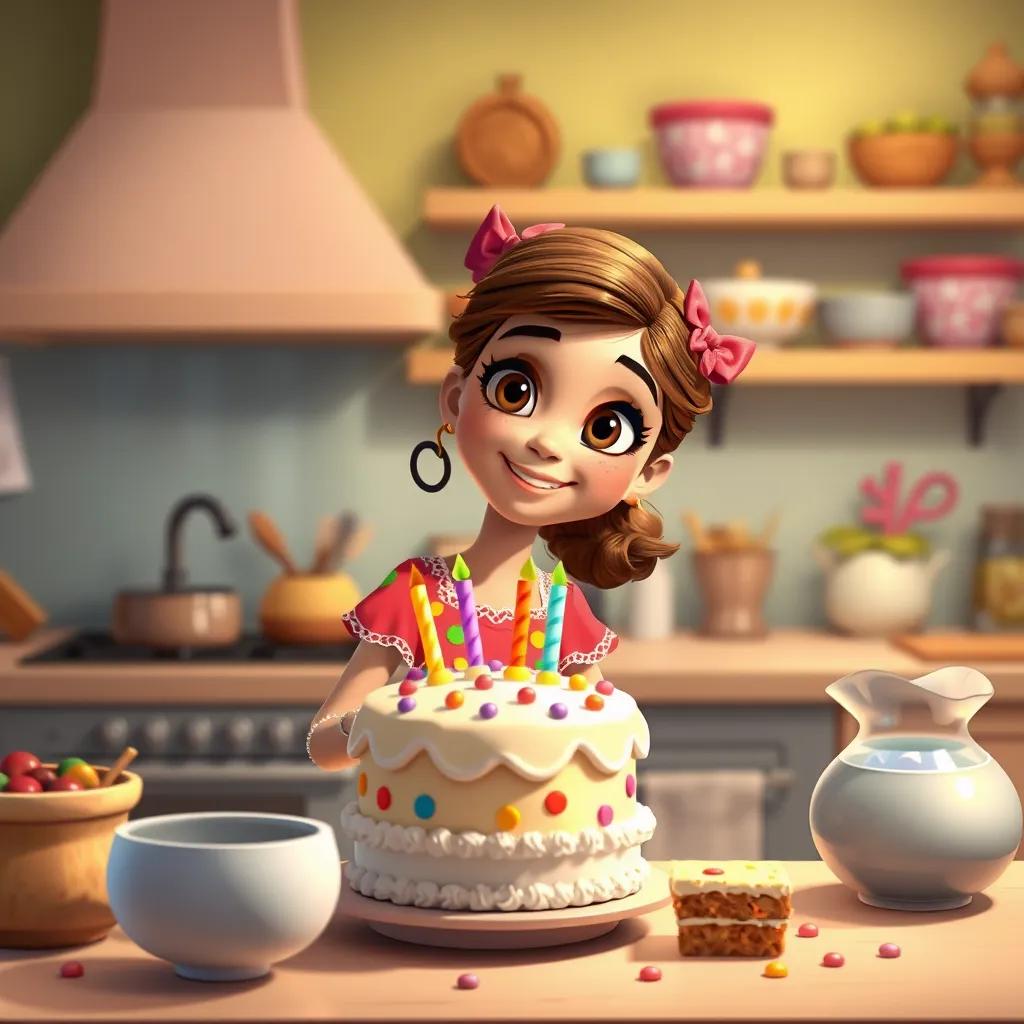 Layla, a beautiful girl in a colorful dress, baking a cake in her kitchen with colorful decorations, looking cheerful and creative, illustration, warm light, cozy atmosphere, child-friendly