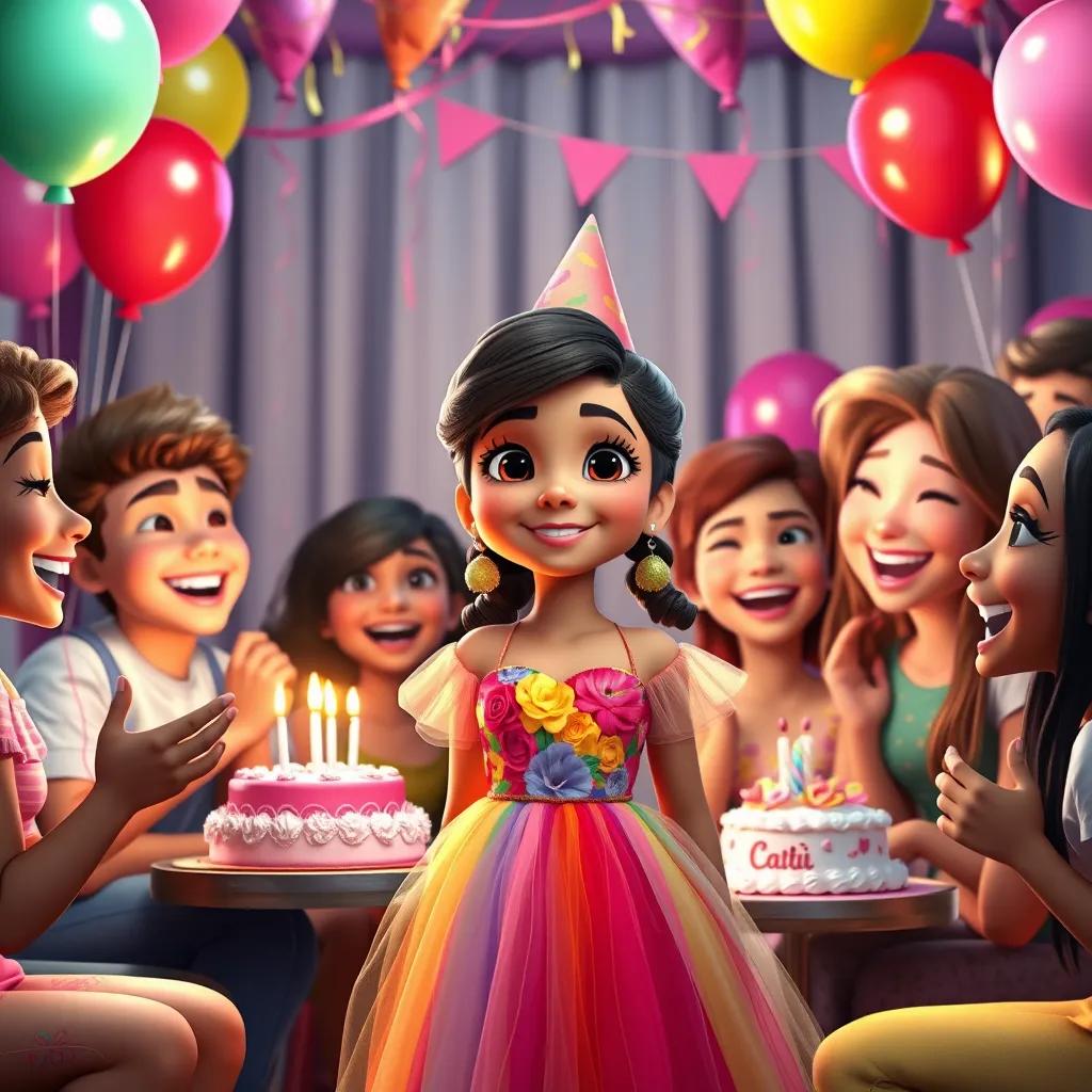 A beautiful girl named Layla in a colorful dress, surrounded by her friends at a surprise party, everyone laughing and celebrating with balloons and cake, digital art, bright colors, festive mood, high quality