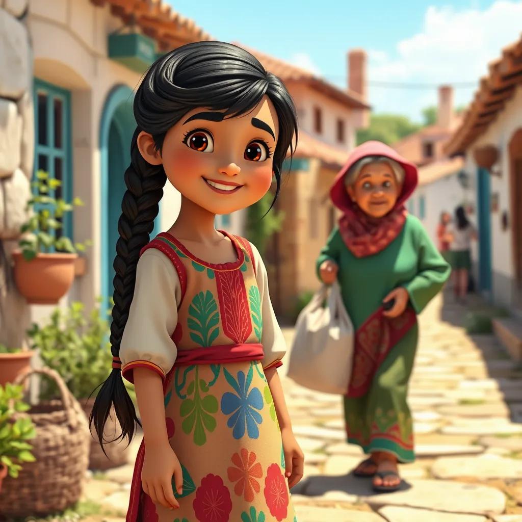 A young Arab girl, Leila, with long, braided dark hair, wearing a colorful dress, happily helping an elderly woman carry heavy bags in a charming village, bright day, vibrant colors, warm atmosphere, joyful scene, high quality