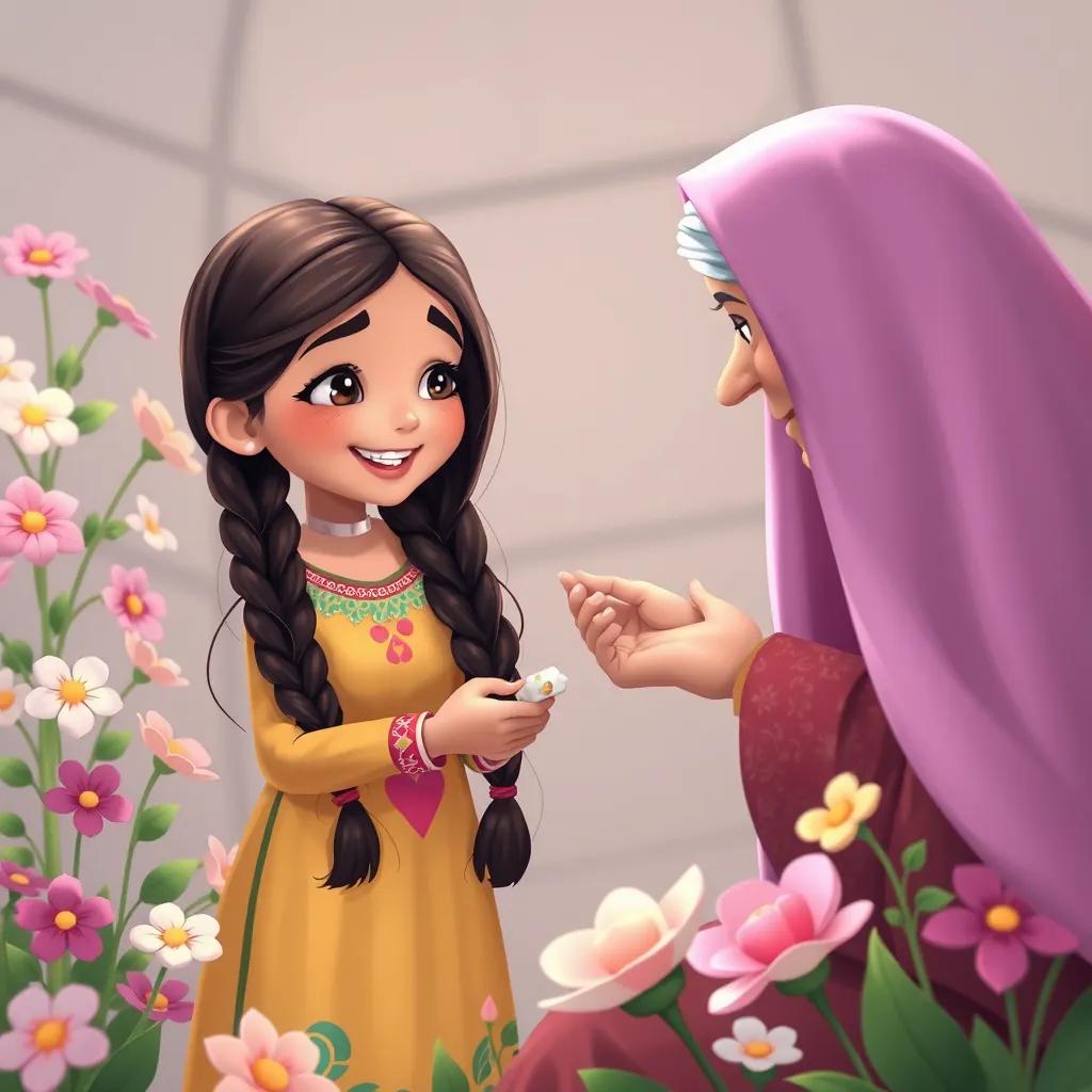 Leila, a young Arab girl with long, braided dark hair in a colorful dress, smiling as she receives a small piece of candy from the elderly woman, surrounded by beautiful flowers, cheerful and friendly, detailed illustration