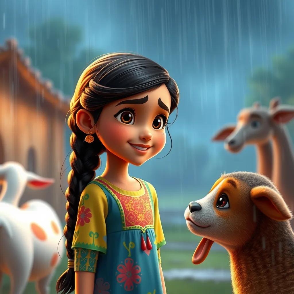 A beautiful scene of Leila, a young Arab girl with long, braided dark hair in a colorful dress, with a big smile, standing in the rain looking worried about outdoor animals, atmosphere of concern and kindness, vivid colors, engaging detail