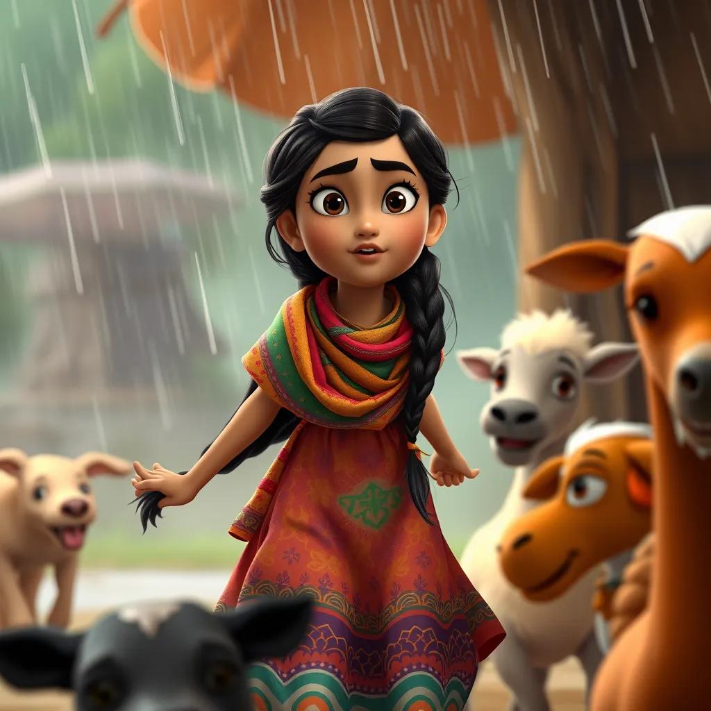Leila, a young Arab girl with long, braided dark hair in a colorful dress, wearing a colorful shawl, outside in the rain, looking determined as she rushes to help the animals, warm colors, action-focused, heartwarming scene
