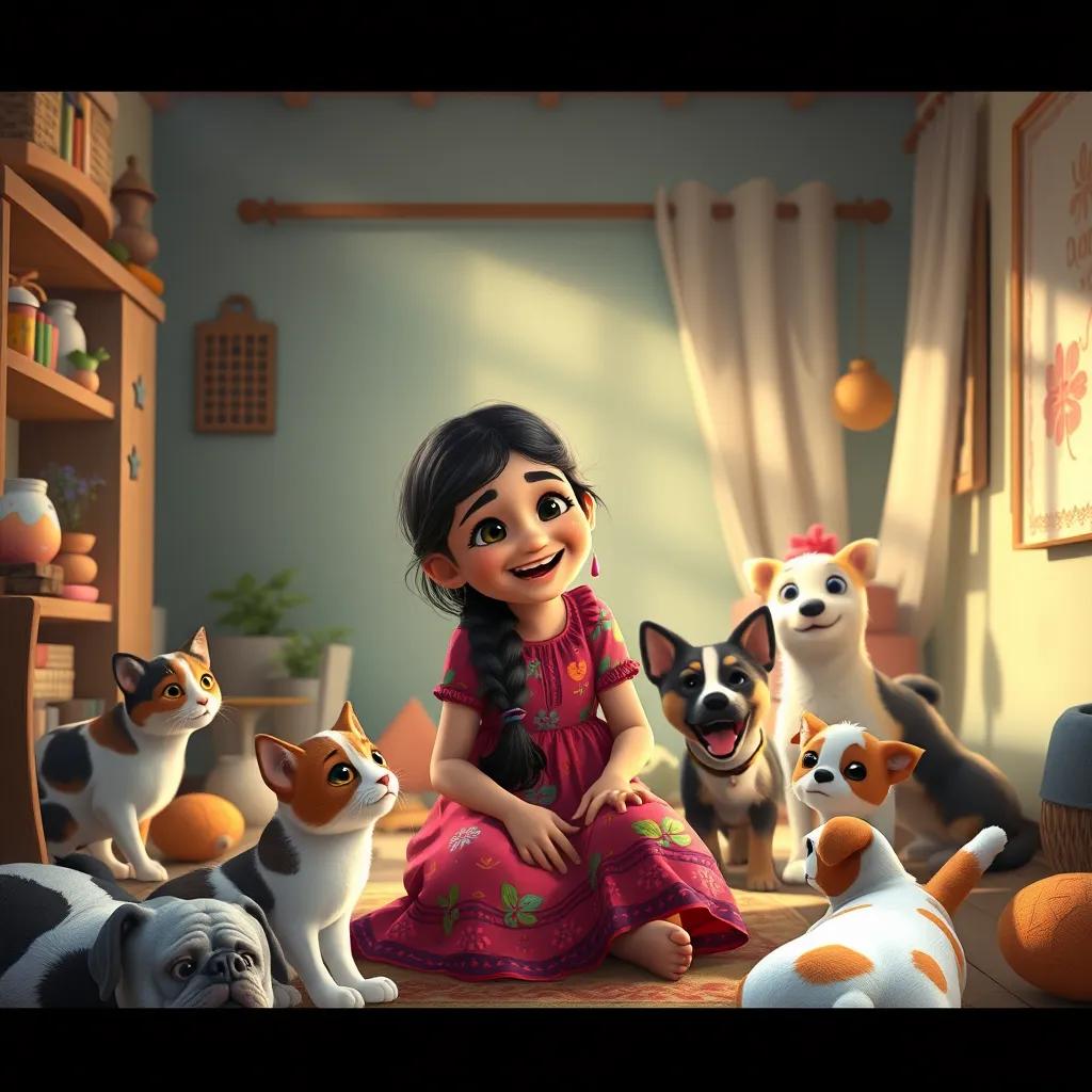 Leila, a young Arab girl with long, braided dark hair, in a colorful dress, joyfully playing with rescued cats and dogs in the safe shelter of a cozy home, surrounded by happiness, bright colors, uplifting imagery