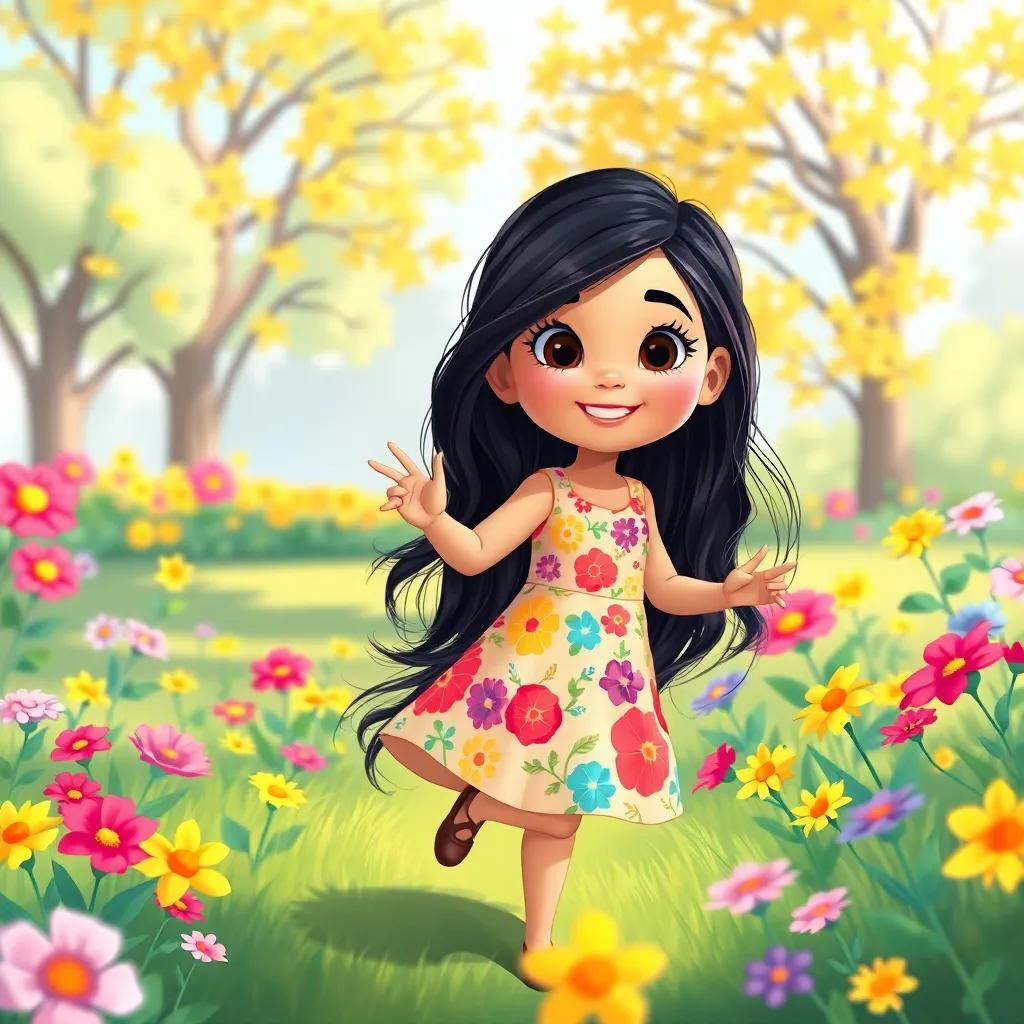 A young Arab girl, Sara, with long black hair, wearing a colorful dress, playing in a bright park surrounded by flowers, a vibrant and cheerful atmosphere, illustration, colorful, child-friendly, high quality