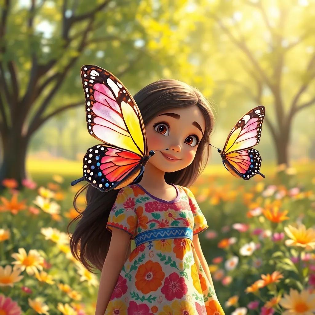 A beautiful butterfly flying around Sara, a young Arab girl in a colorful dress, in the park filled with sunshine and flowers, digital art, detailed, whimsical, joyful
