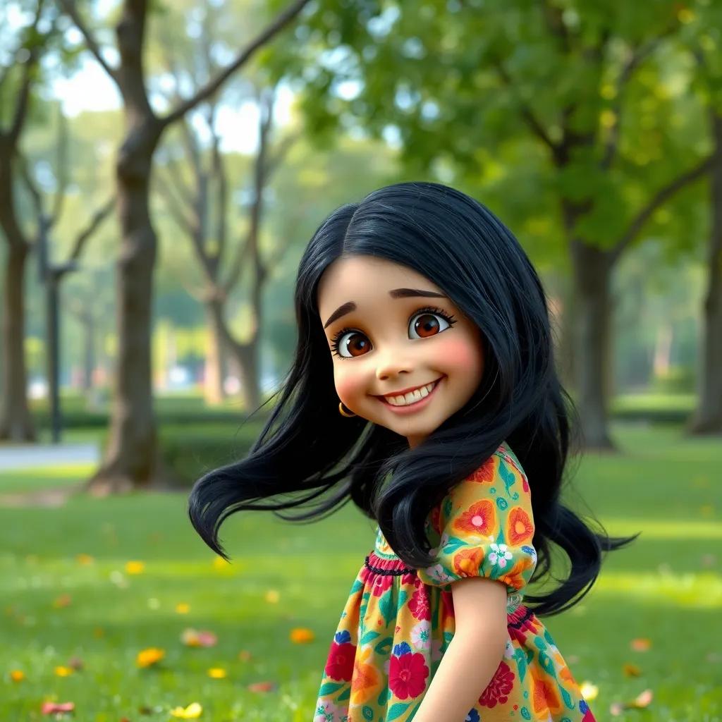 Sara, a young Arab girl with long black hair, wearing a colorful dress, playing hide and seek in the park, happiness in her expression, lively scene, high definition