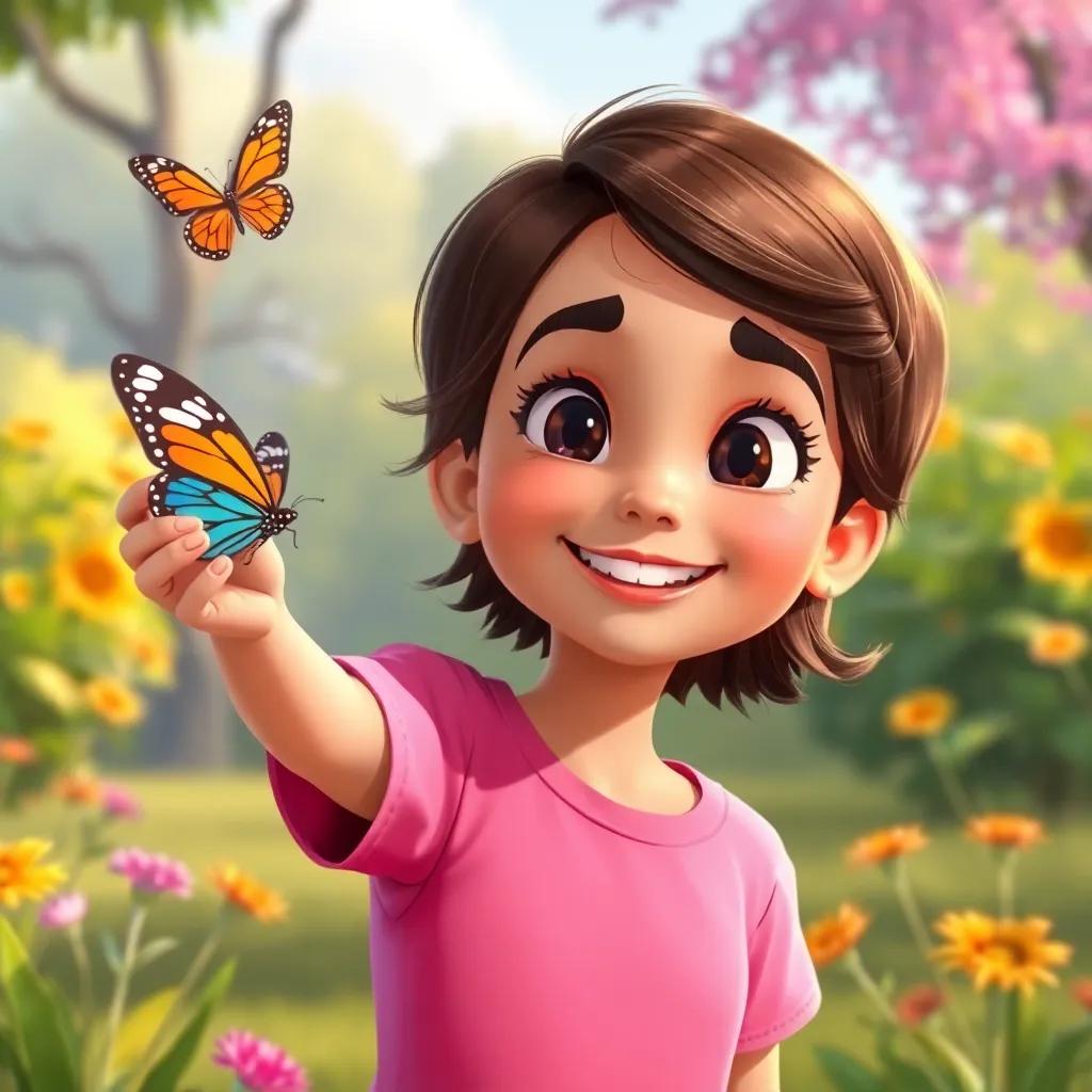 Leila, another young Arab girl, with short brown hair, wearing a pink shirt, joyfully joining Sara and the butterfly in the park, cheerful, bright, lively colors