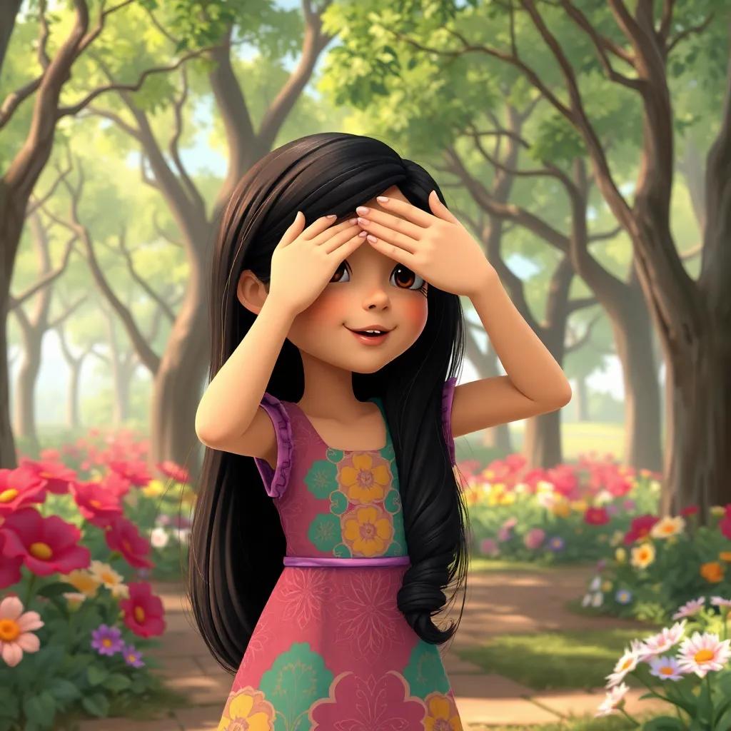 Sara, a young Arab girl with long black hair in a colorful dress, counting while covering her eyes, the park filled with trees and flowers, fun atmosphere, detailed