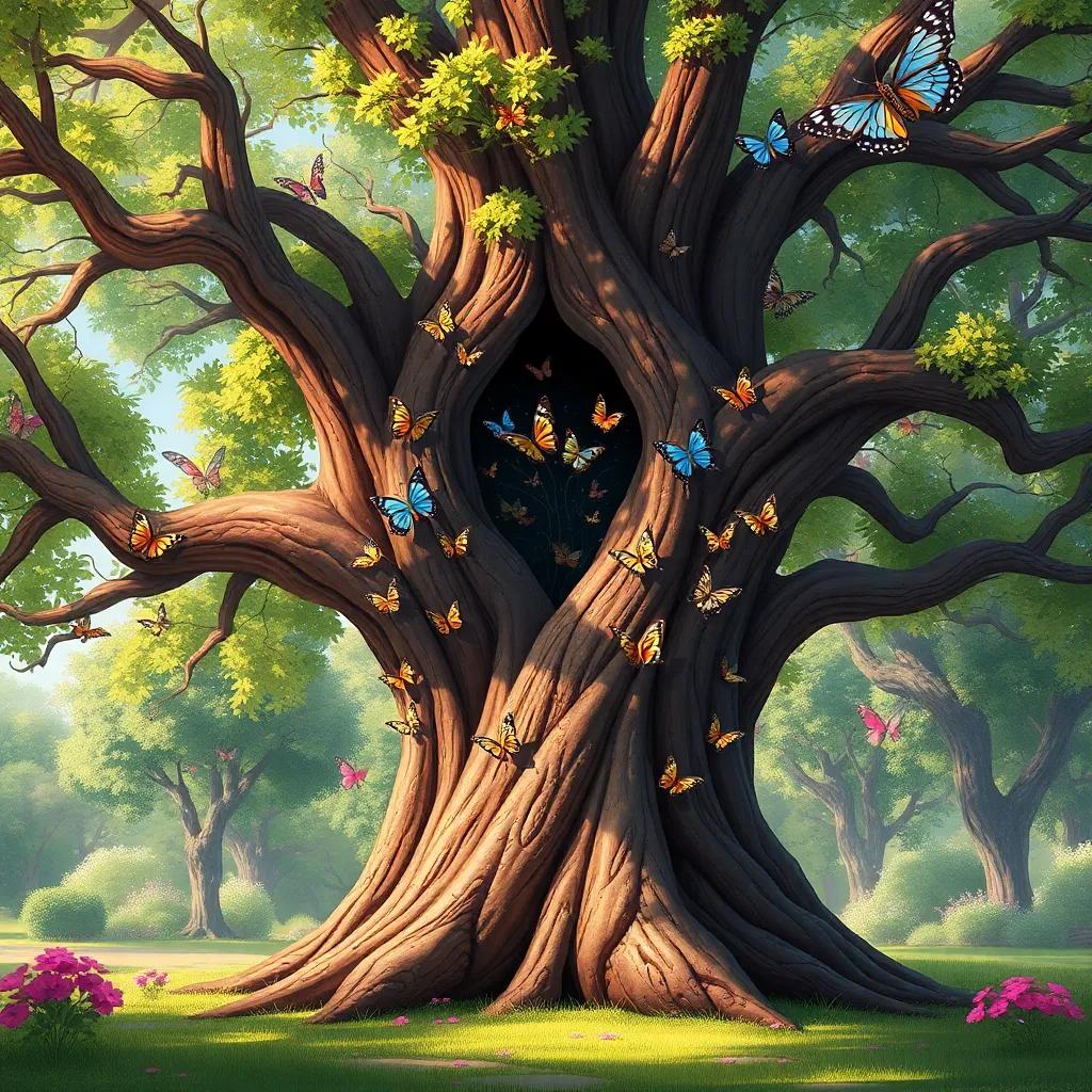 A large tree in the park, with butterflies flying around it, creating a safe and fun hiding place for the butterfly, colorful and vibrant, beautiful illustration