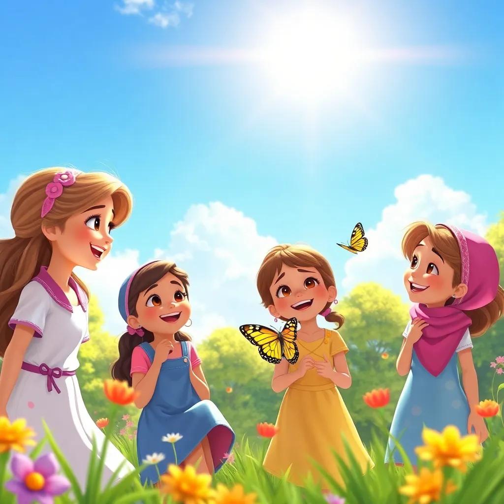 Sara with her friends Leila and the butterfly, all laughing and playing under the sunny sky, perfect day in the park, high quality, fun scene