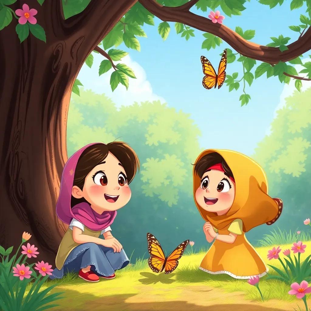 Sara and Leila searching for the butterfly under the big tree, excitement visible on their faces, bright colors, cheerful setting, child-friendly illustration