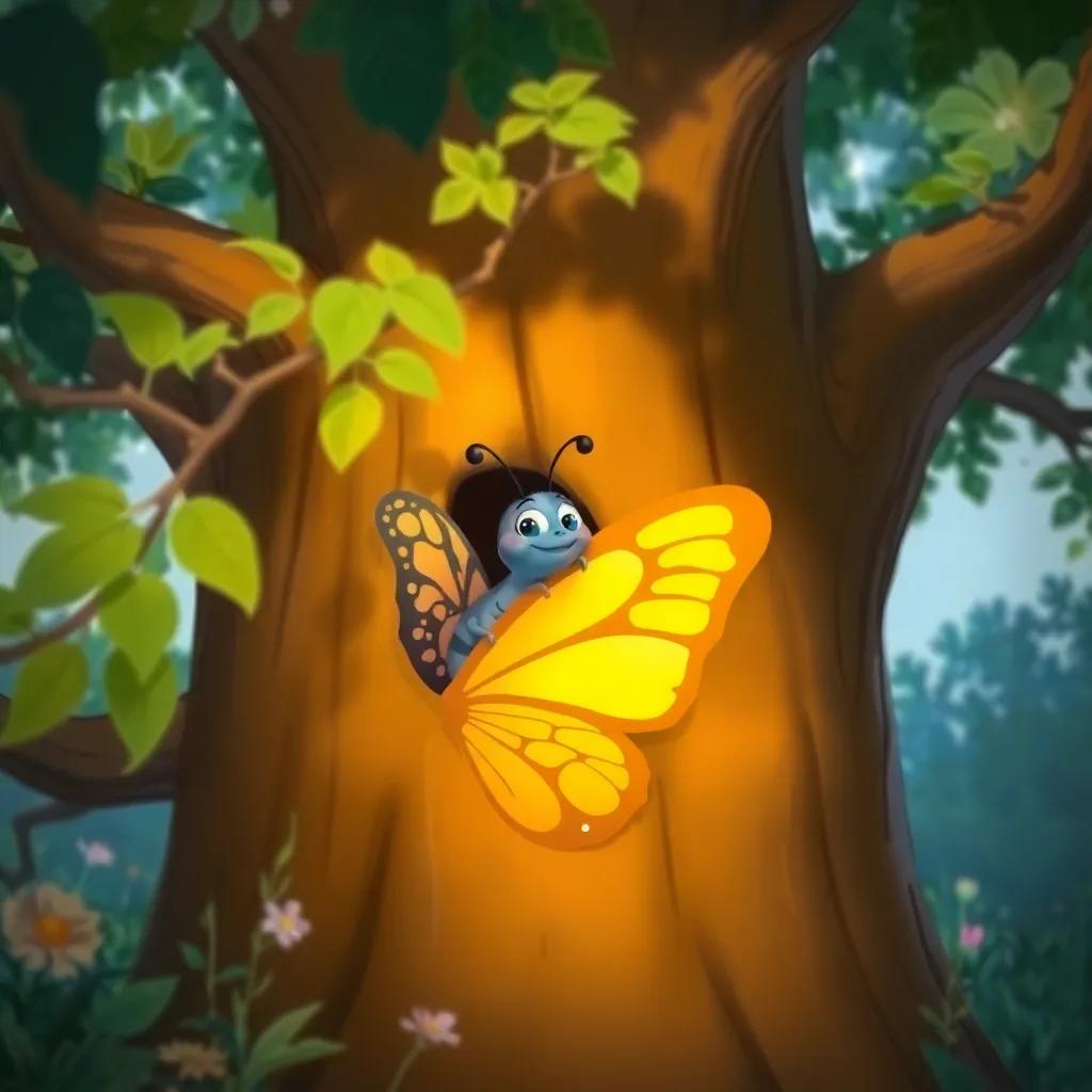 The butterfly peeking out happily from behind the branches of the big tree where it is hiding, enchanting atmosphere, brightly colored, whimsical