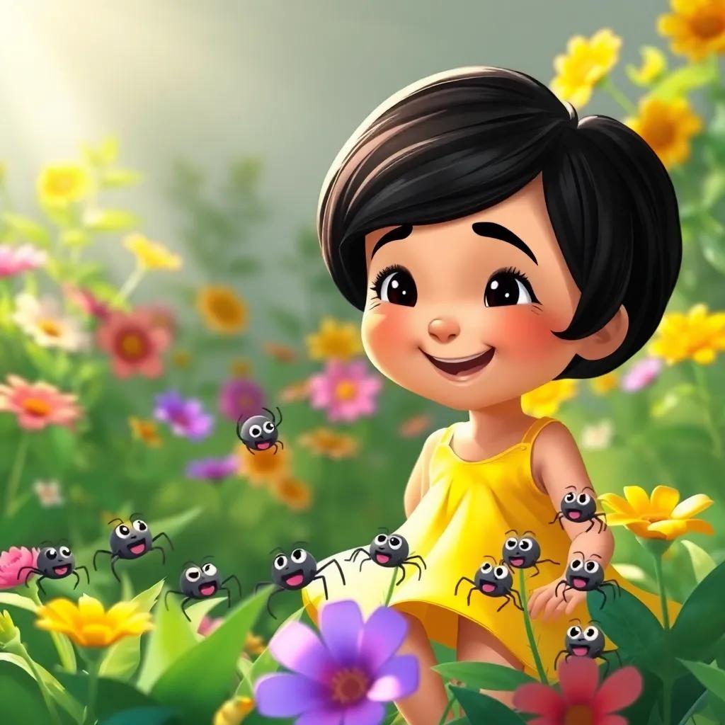 A young Arab girl, Leila, with short black hair, wearing a bright yellow dress, playing in a garden filled with flowers, surrounded by seven small cute spiders, joyful expressions, sunshine, cheerful atmosphere, digital art, vibrant colors, child-friendly