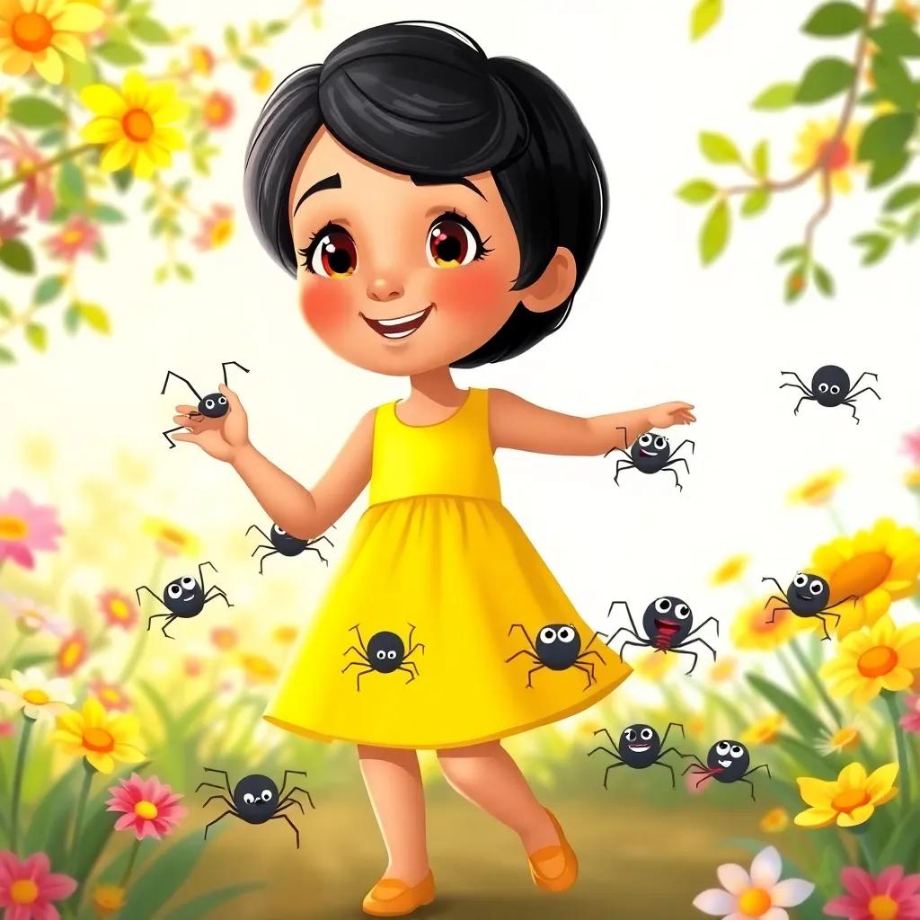 Leila, a young Arab girl, with short black hair, wearing a bright yellow dress, dancing and singing with the seven small spiders in a sunny garden, colorful flowers all around, whimsical and playful, illustration, cheerful and lively, child-friendly