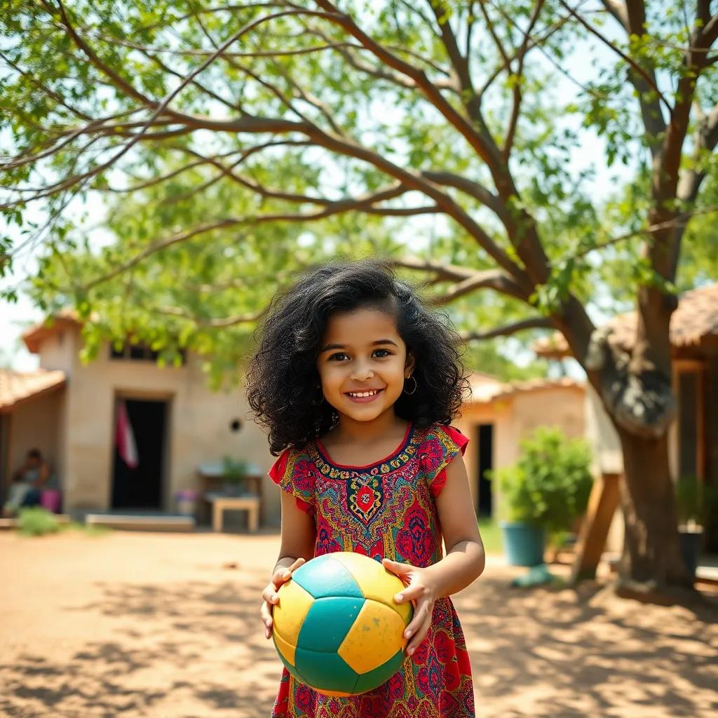 A young Arab girl, Layla, with curly black hair, wearing a colorful dress, playing with a ball under a large green tree in a small village, friendly atmosphere, bright colors, cheerful vibe, high quality