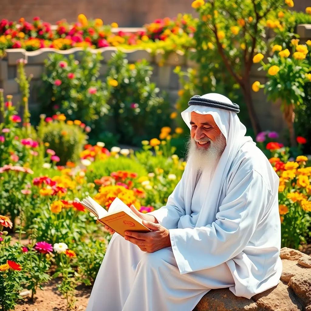 An elderly Arab man, a wise old sheikh, with a white beard, wearing a traditional white thawb, sitting on a rock with a warm smile, telling a story amidst a colorful garden with flowers, sunny day, storytelling view, warm light, high quality