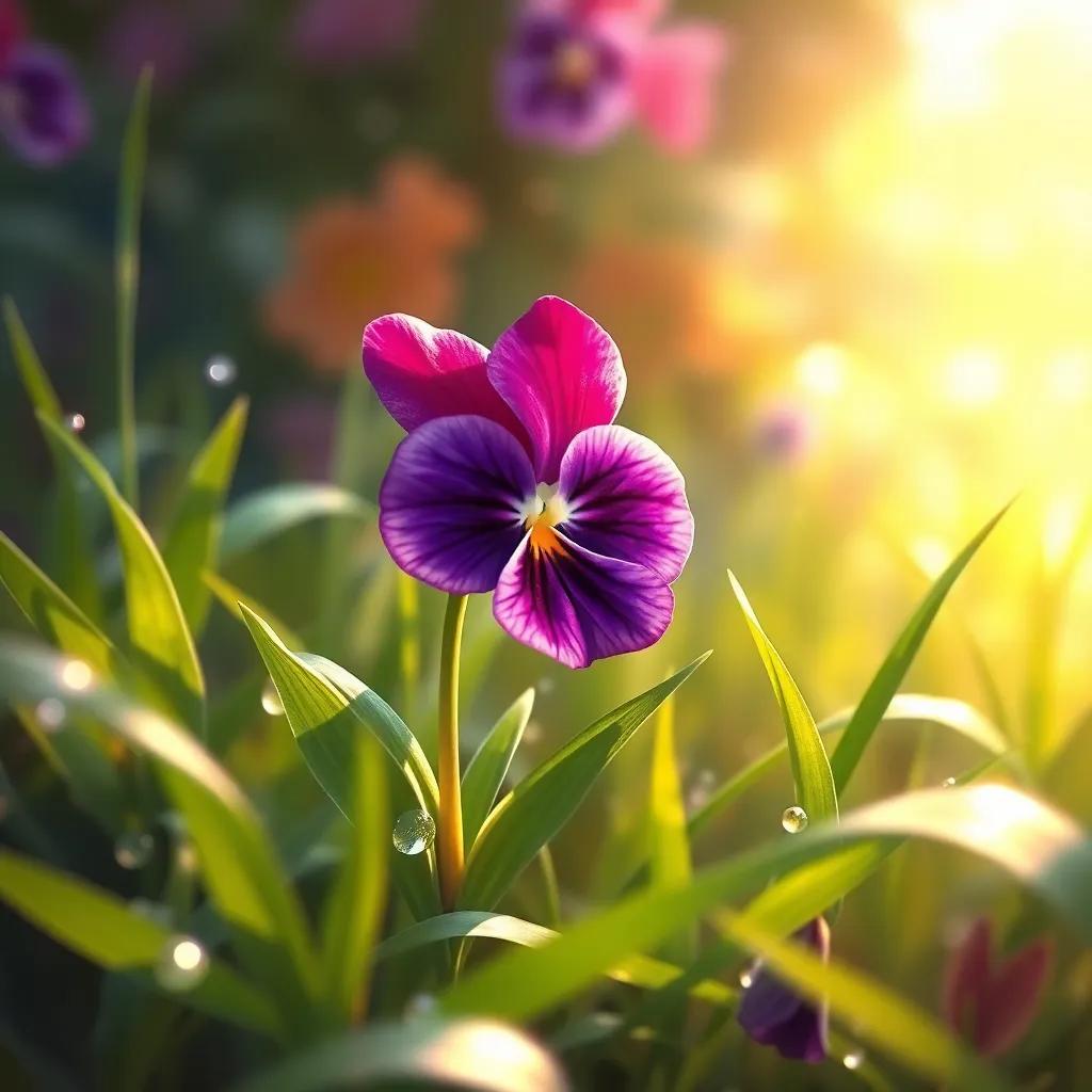 A beautiful garden with a small, vibrant violet named Fatima, swaying gently among the grass, morning dew sparkling around her, digital art, bright colors, warm atmosphere, high quality