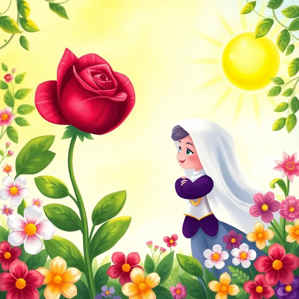 A stunning rose named Zahra smiling at Fatima the violet, under a bright sunny sky, surrounded by lush green foliage and colorful flowers, cheerful, vibrant, illustration, child-friendly