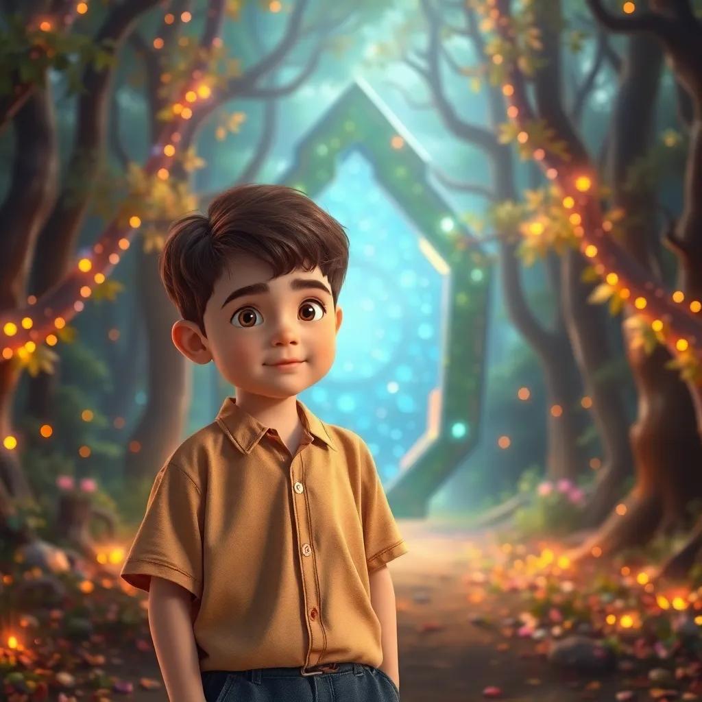 A young boy, Nour, a 7-year-old with short brown hair and wearing a simple shirt and pants, standing in front of a shimmering three-dimensional portal in a mystical forest, colorful lights sparkling, digital art, enchanting atmosphere, warm colors, high quality