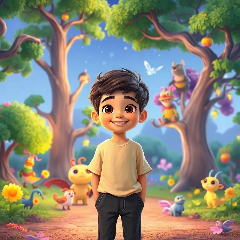 A young boy, Nour, a 7-year-old with short brown hair and wearing a simple shirt and pants, standing in a magical world with talking trees and whimsical creatures, vibrant colors, joyful and lively scene, child-friendly design, fantasy art, high quality