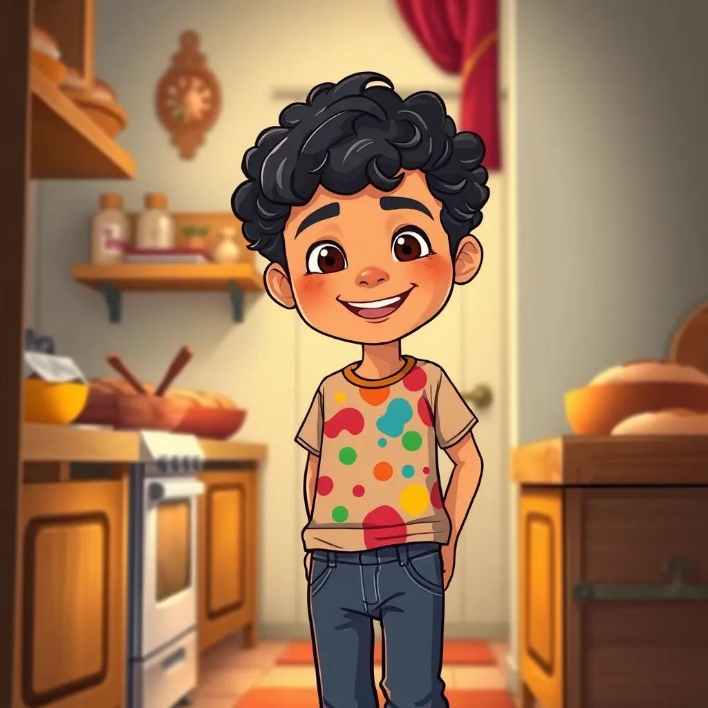 A young Arab boy, حسام, with curly dark hair, wearing a colorful t-shirt and jeans, happily entering his grandma's kitchen smelling fresh bread, illustration, warm colors, cozy atmosphere, high quality