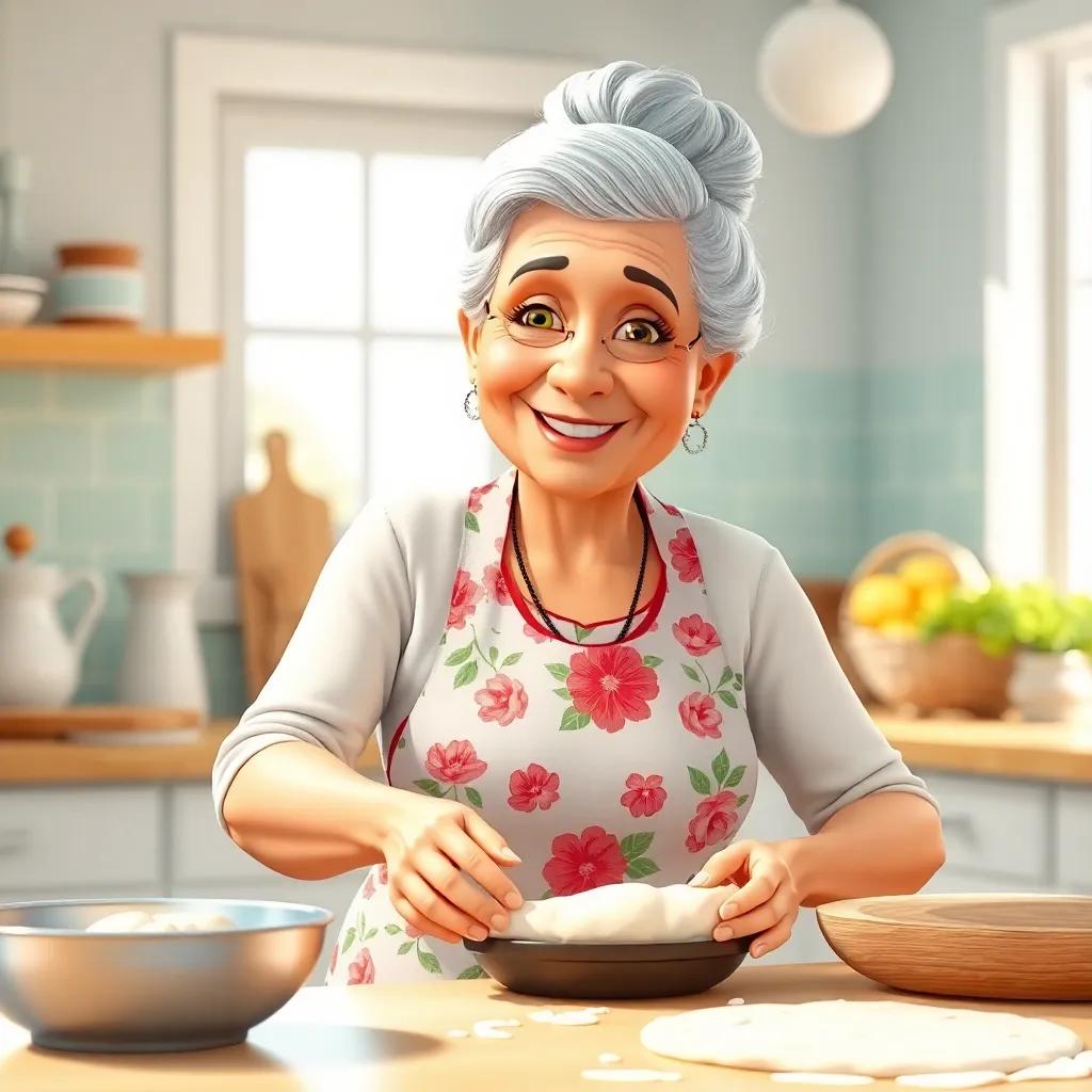 A friendly elderly woman, grandmother, with white hair tied in a bun, wearing a floral apron, preparing pizza dough in a bright kitchen with sunlight streaming in, digital art, bright and inviting, vibrant