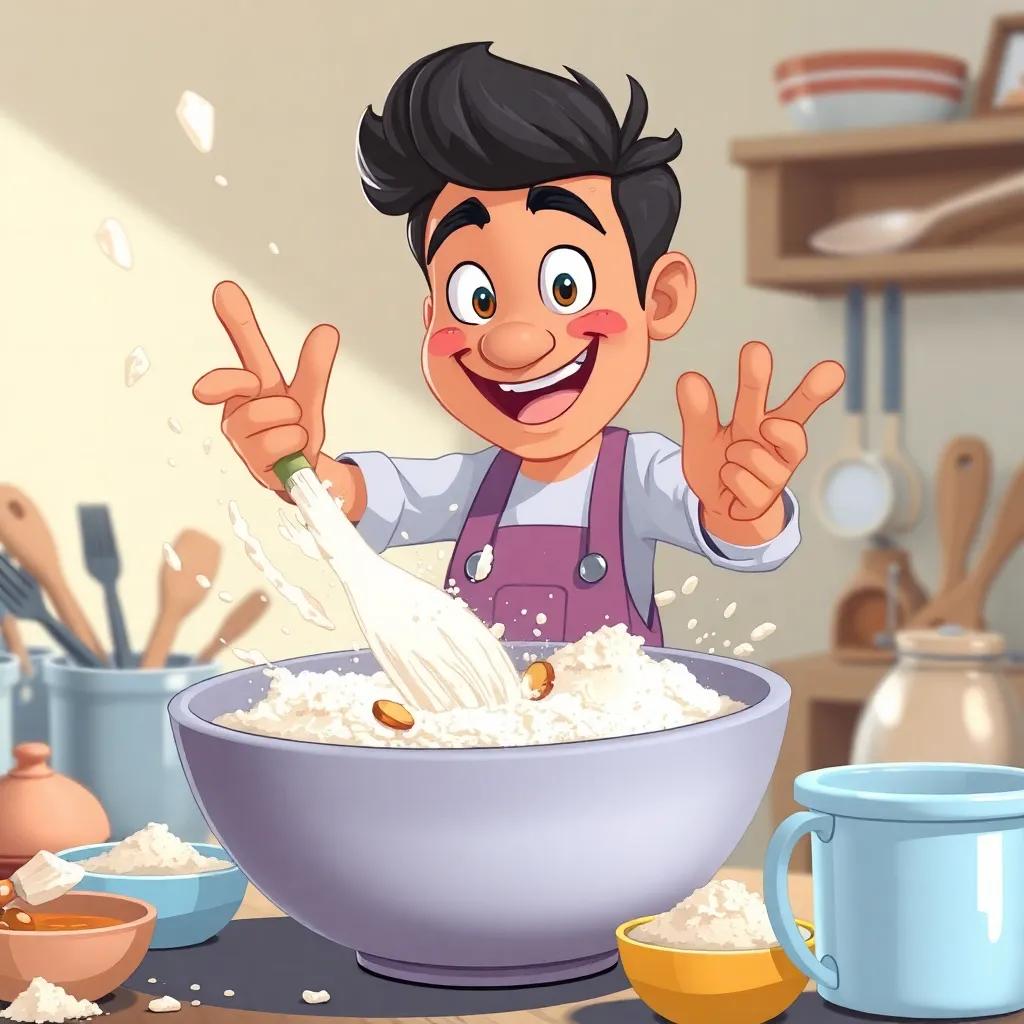 Hassan mixing ingredients in a large bowl, with flour dust in the air and playful expressions, surrounded by kitchen tools, illustration, cheerful, fun atmosphere, high quality
