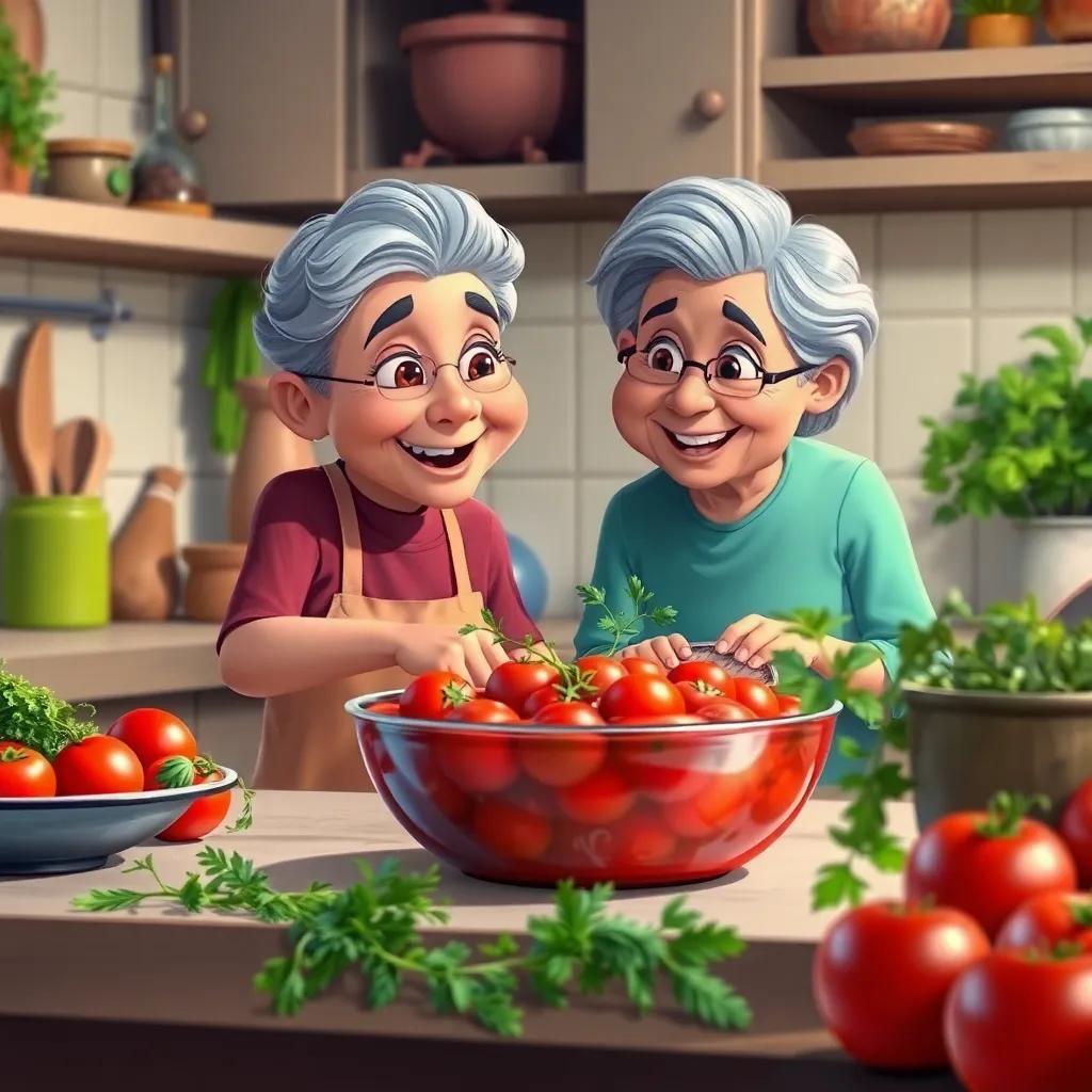 A beautifully prepared tomato sauce with fresh herbs on a kitchen counter, حسام and his grandmother smiling while working together, digital painting, colorful, heartwarming