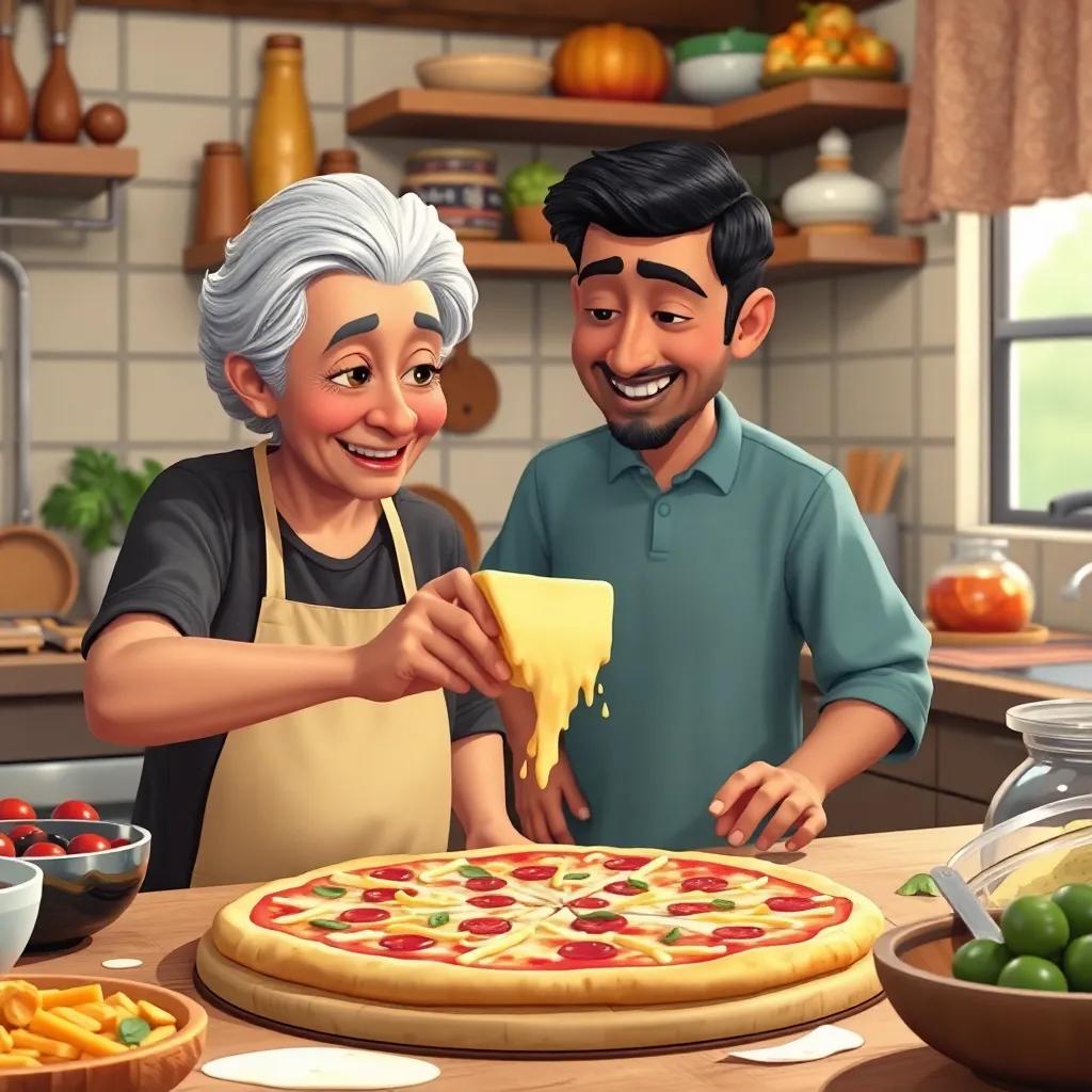 Hassan spreading cheese on a pizza base, while his grandmother watches proudly, kitchen full of ingredients, colorful, cozy, inviting, high quality