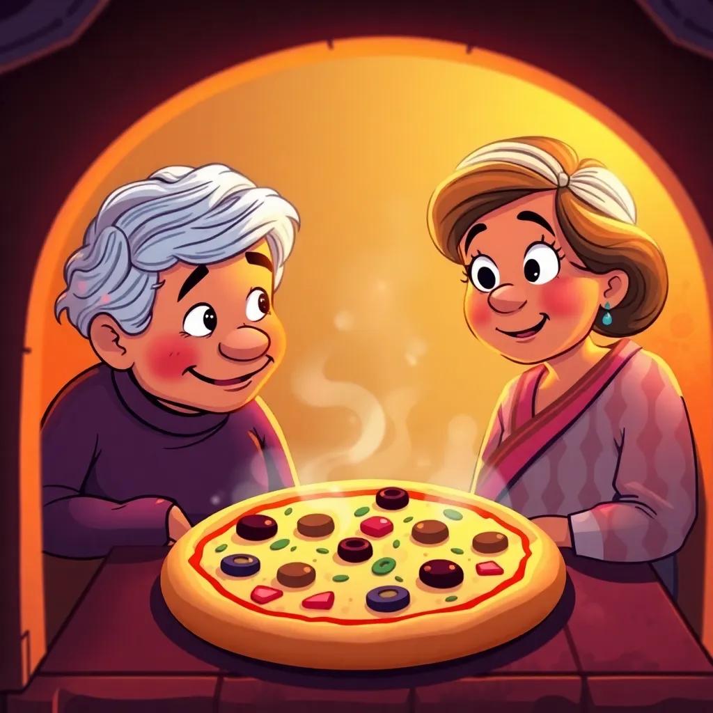 A colorful pizza topped with cheese, mushrooms, and olives inside an oven, with a dreamy glow, حسام and his grandmother watching together in excitement, illustration, warm colors, magical atmosphere, high-quality