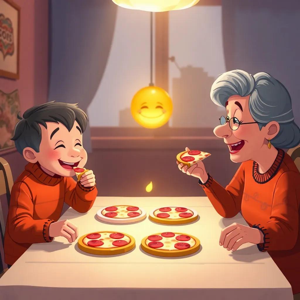 A cozy dining table with حسام and his grandmother enjoying slices of pizza, laughter around them, warm light illuminating the scene, illustration, heartwarming, joyful