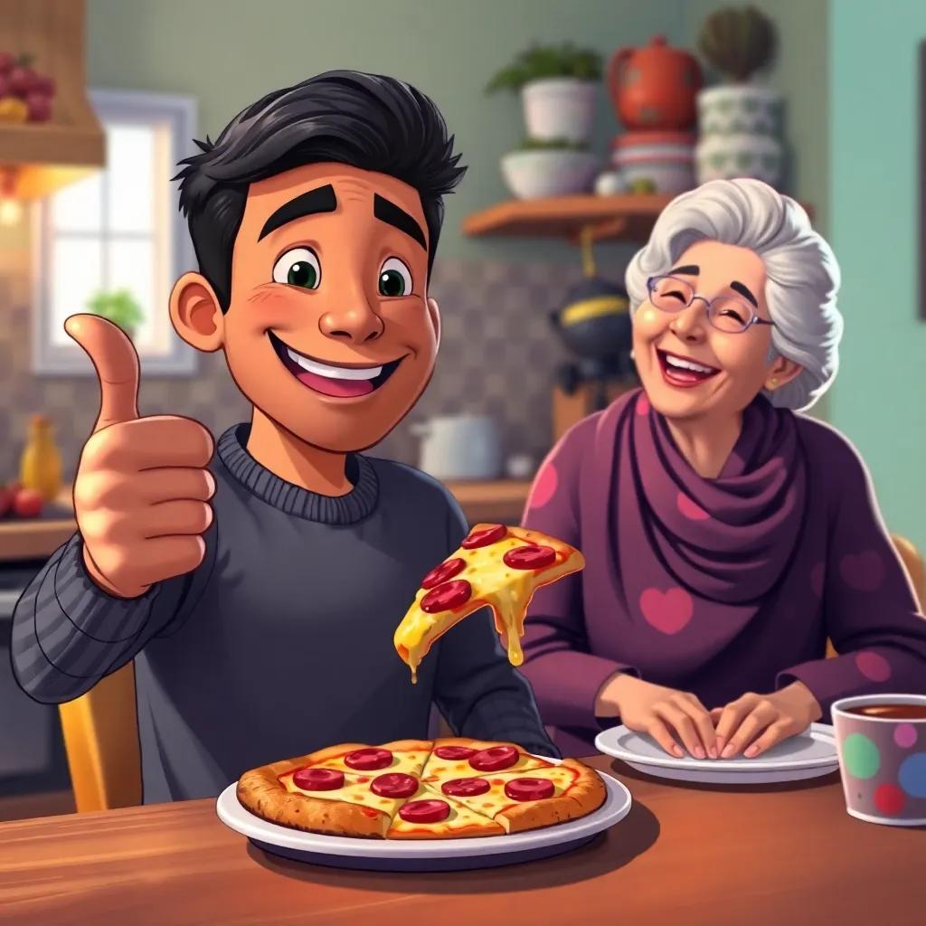 Hassan giving a thumbs up after tasting his first slice of pizza, his grandmother laughing beside him, a cozy kitchen background, digital painting, vibrant colors, cheerful, high quality