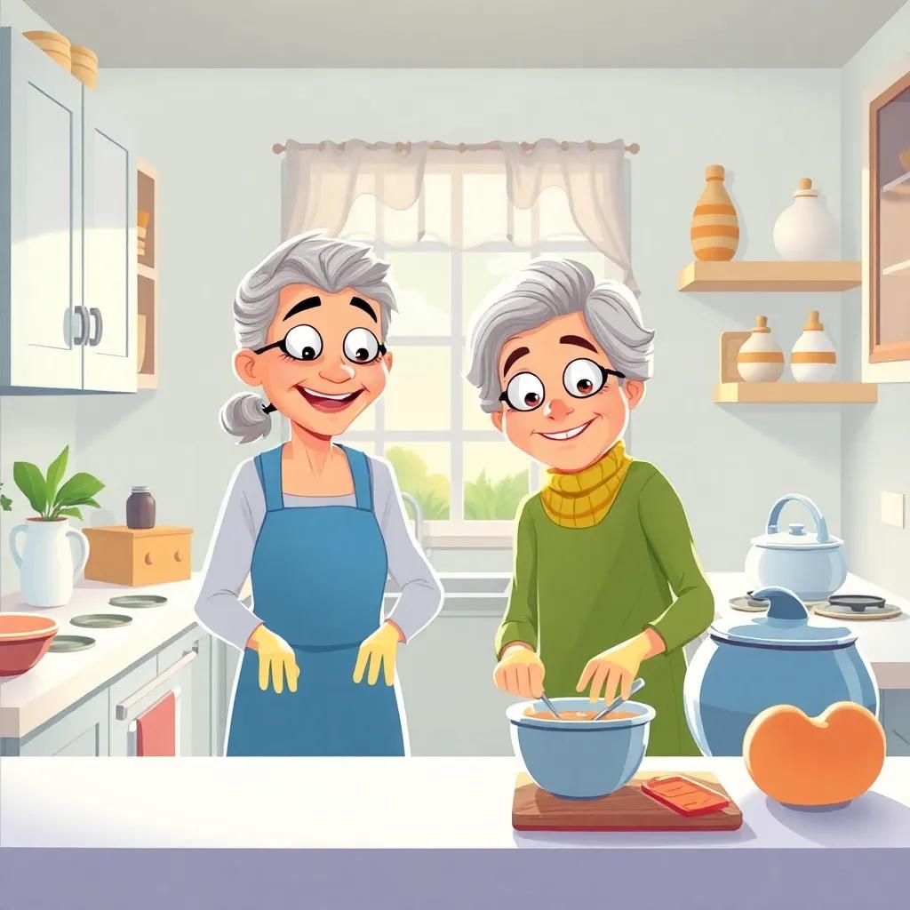 A view of the kitchen with حسام and his grandmother cleaning up, smiles on their faces, warmth and love filling the air, illustration, bright colors, homely, high quality