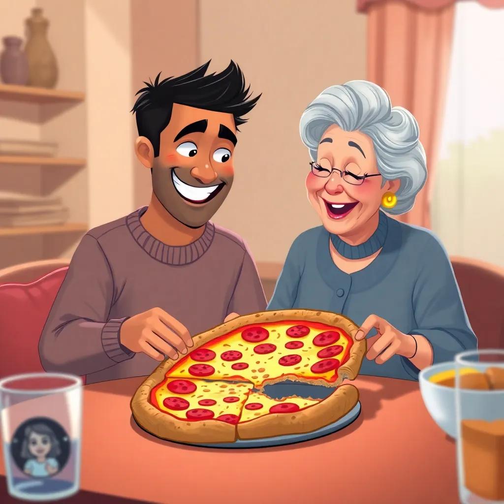 Hassan and his grandmother, happy and satisfied after the pizza party, looking at the empty pizza plate with big smiles, cozy atmosphere, digital art, joyful, heartwarming.