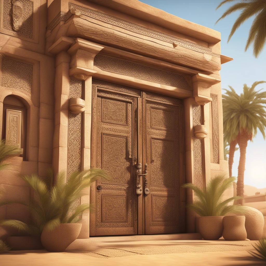 An old traditional Saudi home made of stone and mud, with large, ornate wooden doors decorated with intricate carvings, surrounded by palm trees, bright sunny day, warm atmosphere, high detail, inviting