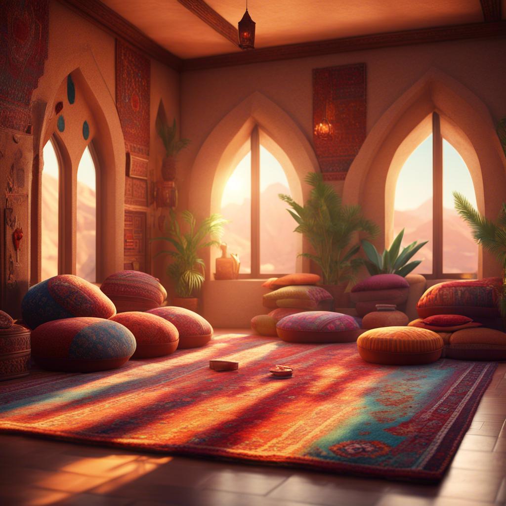 An interior of a cozy majlis with floor cushions, colorful rugs, woven carpets, warm sunlight streaming through the windows, shadows on textured walls, inviting ambiance, high quality