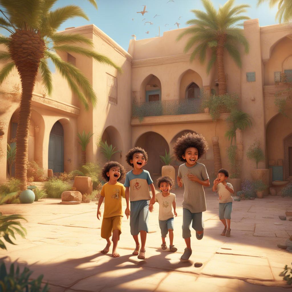 Children playing in the courtyard of the old Saudi home, joyful expressions, palm trees in the background, bright sunny day, lively atmosphere, highly detailed