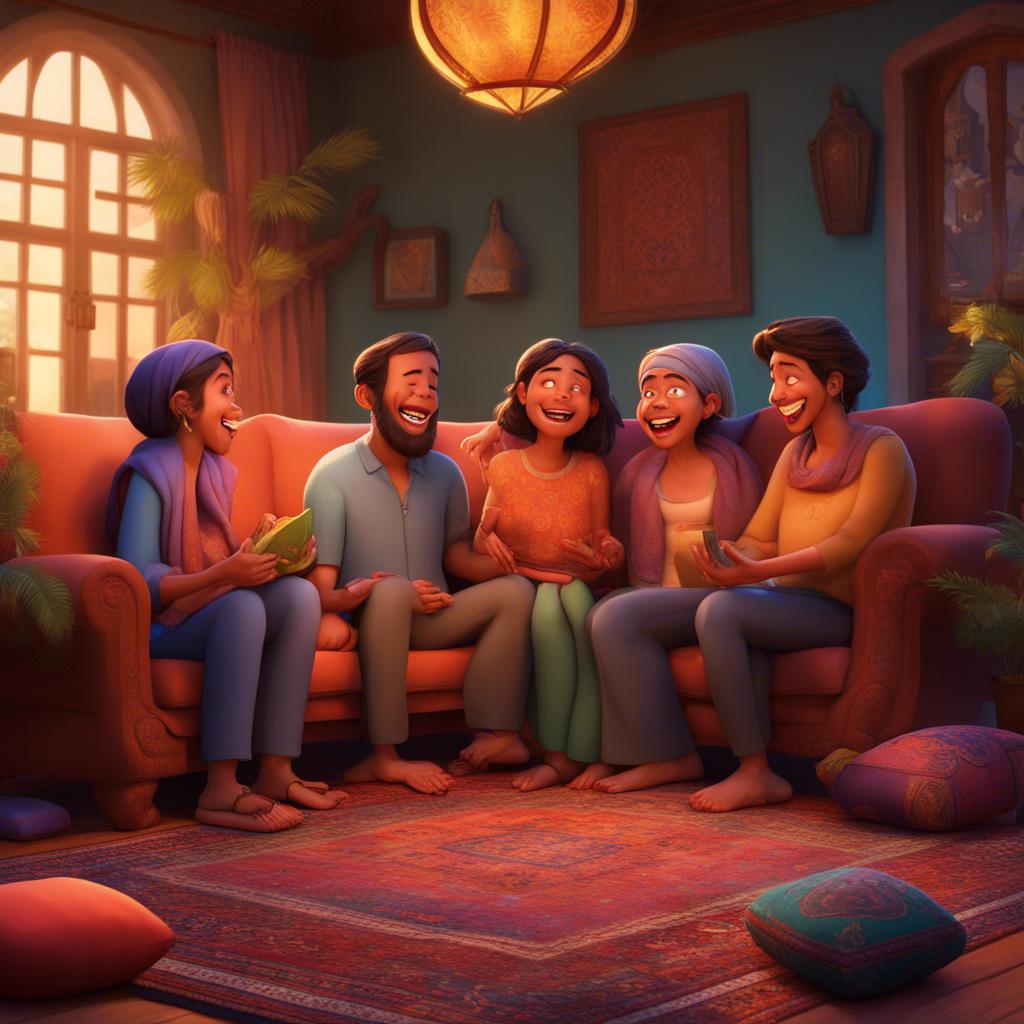 Family gathered in the majlis, sharing stories, colorful cushions and rugs around, laughter and joy on their faces, warm and friendly scene, digital art, detailed