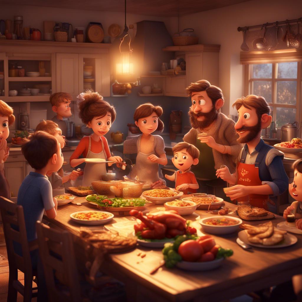 A large feast prepared in the kitchen, delicious food laid out on the table, family members enjoying the meal, warm light illuminating the room, festive atmosphere, high detail