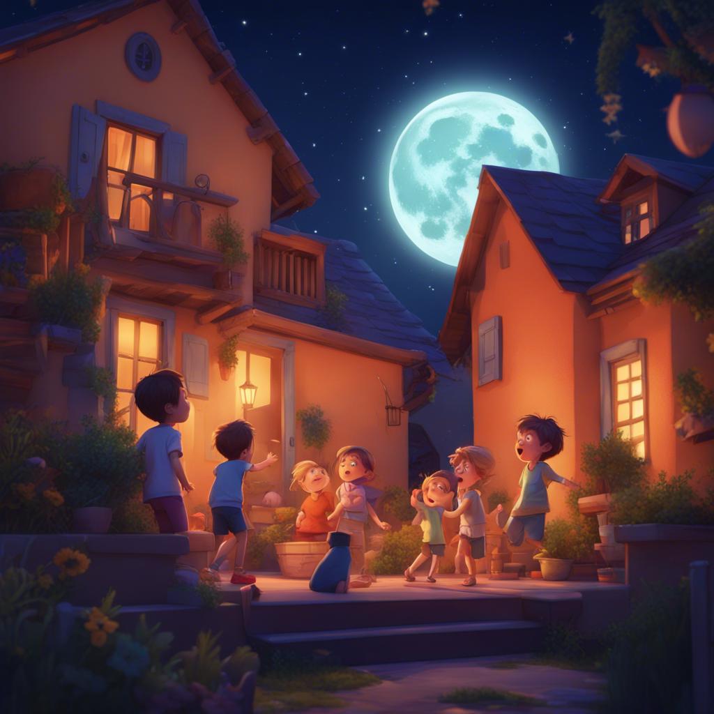 Nighttime scene of the courtyard, children playing hide and seek, under the moonlight and stars, joyful faces, warm glow from the house, beautiful evening, colorful