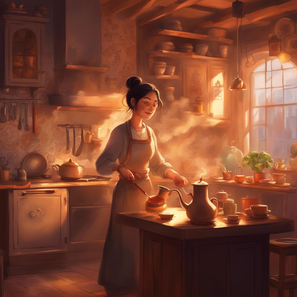 Mother preparing tea in the kitchen, steam rising from the pot, warm light, cozy atmosphere, intricate designs on the walls, lively scene, digital painting