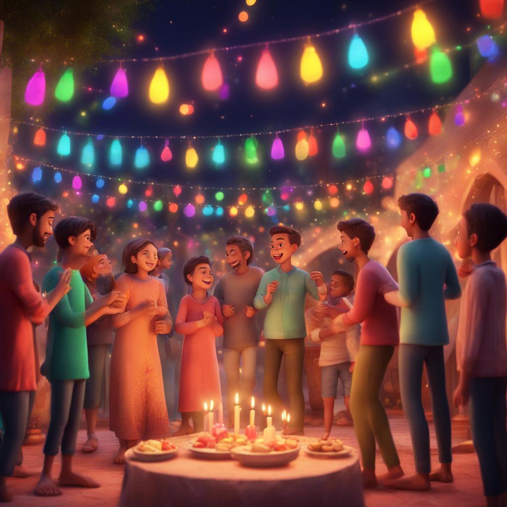 Celebration scene during an Eid gathering in the courtyard, colorful lights, family and friends enjoying, festive decorations, joyful interactions, high quality